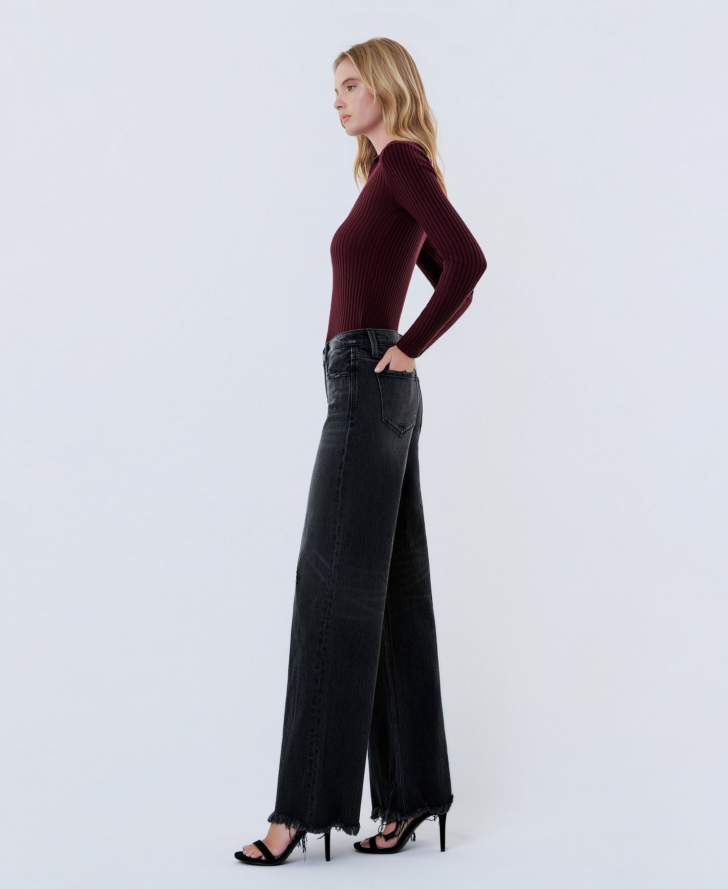 Left side product images of Black - Mid Rise Distressed Hem Wide Leg Jeans