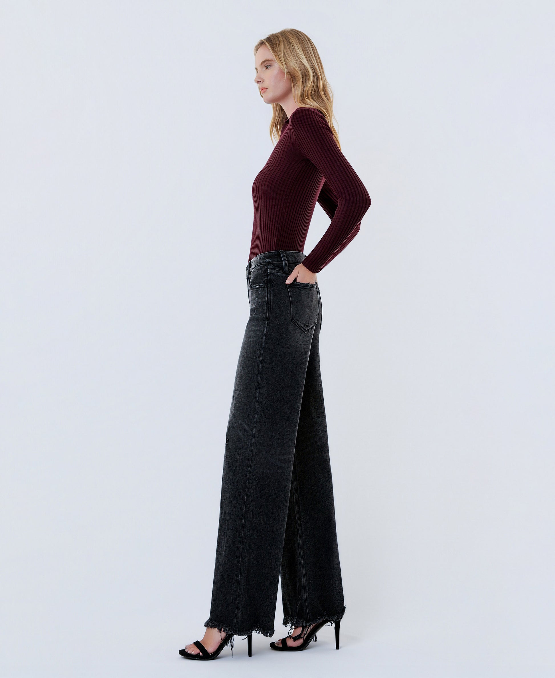 Left side product images of Black - Mid Rise Distressed Hem Wide Leg Jeans