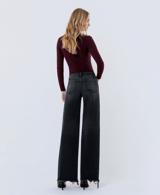 Back product images of Black - Mid Rise Distressed Hem Wide Leg Jeans