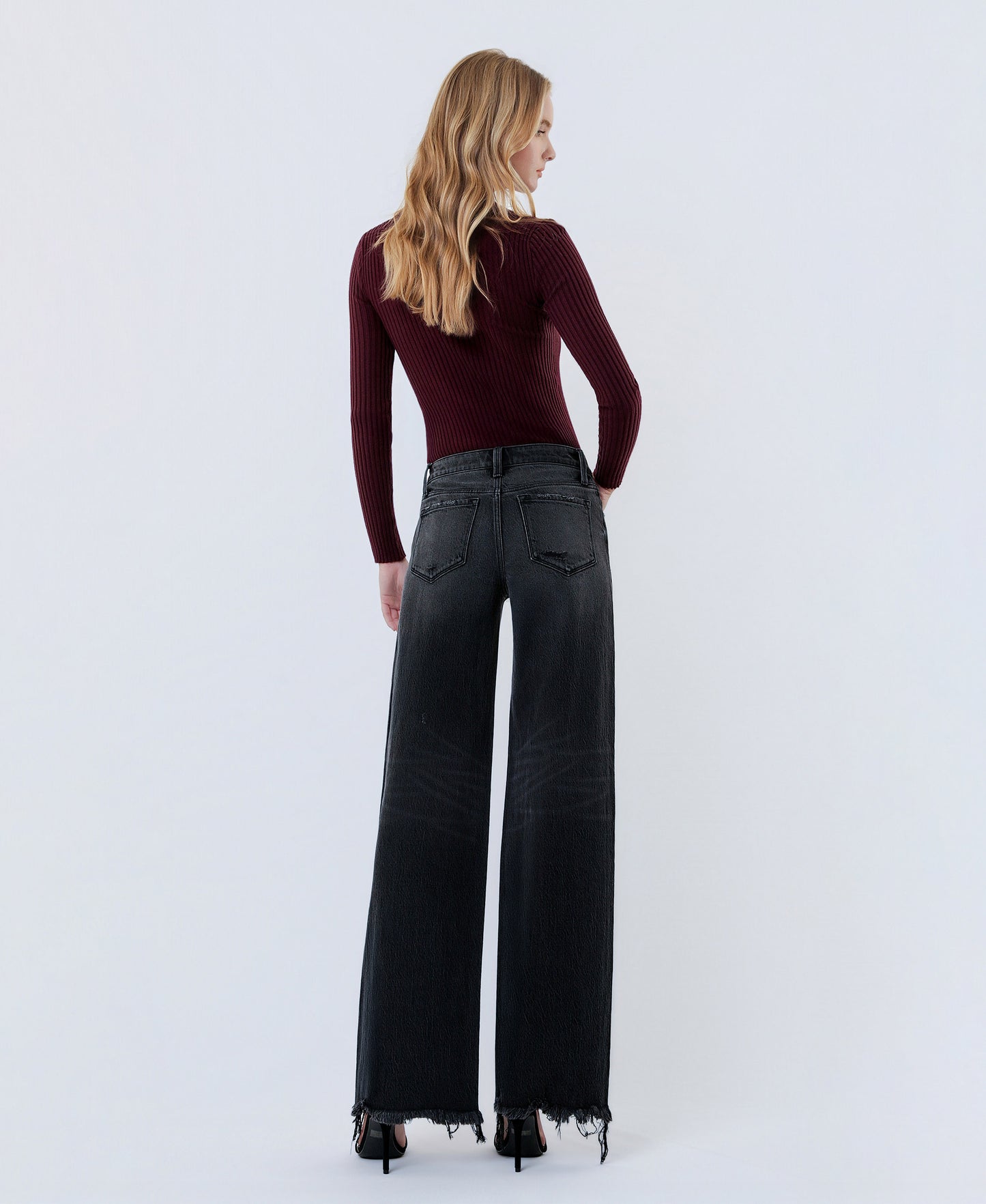 Back product images of Black - Mid Rise Distressed Hem Wide Leg Jeans