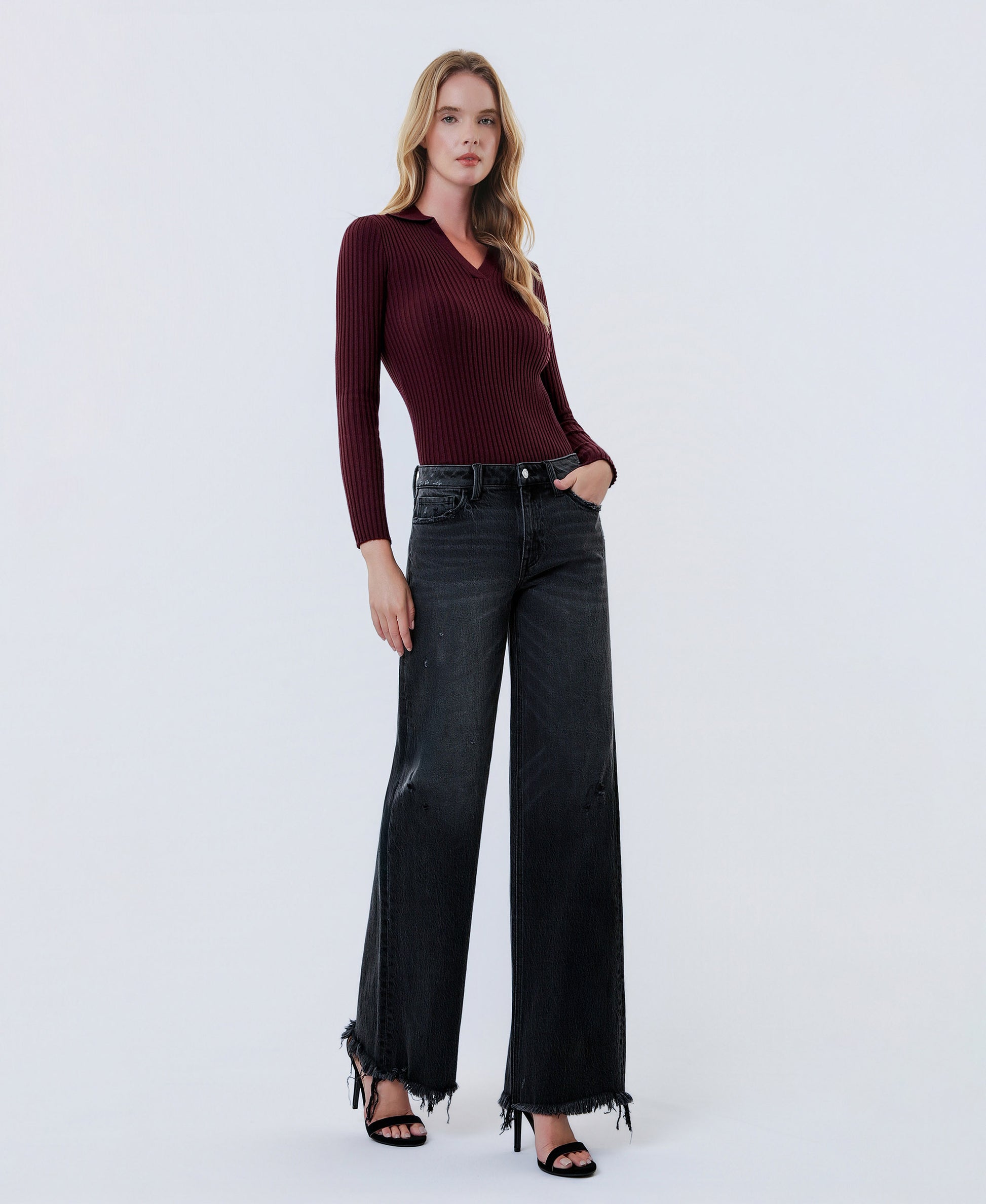 Right 45 degrees product image of Black - Mid Rise Distressed Hem Wide Leg Jeans