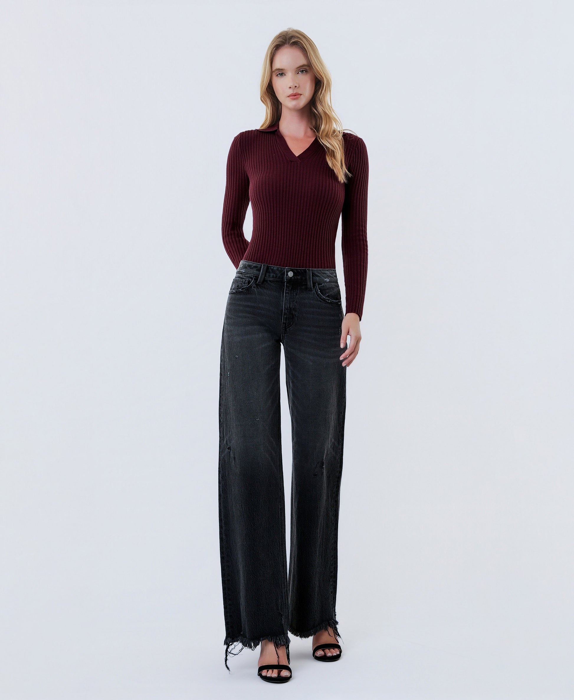 Front product images of Black - Mid Rise Distressed Hem Wide Leg Jeans