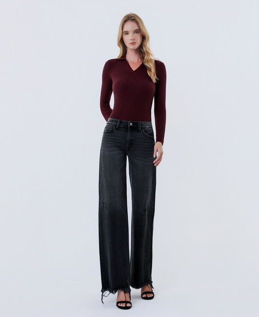 Front product images of Black - Mid Rise Distressed Hem Wide Leg Jeans
