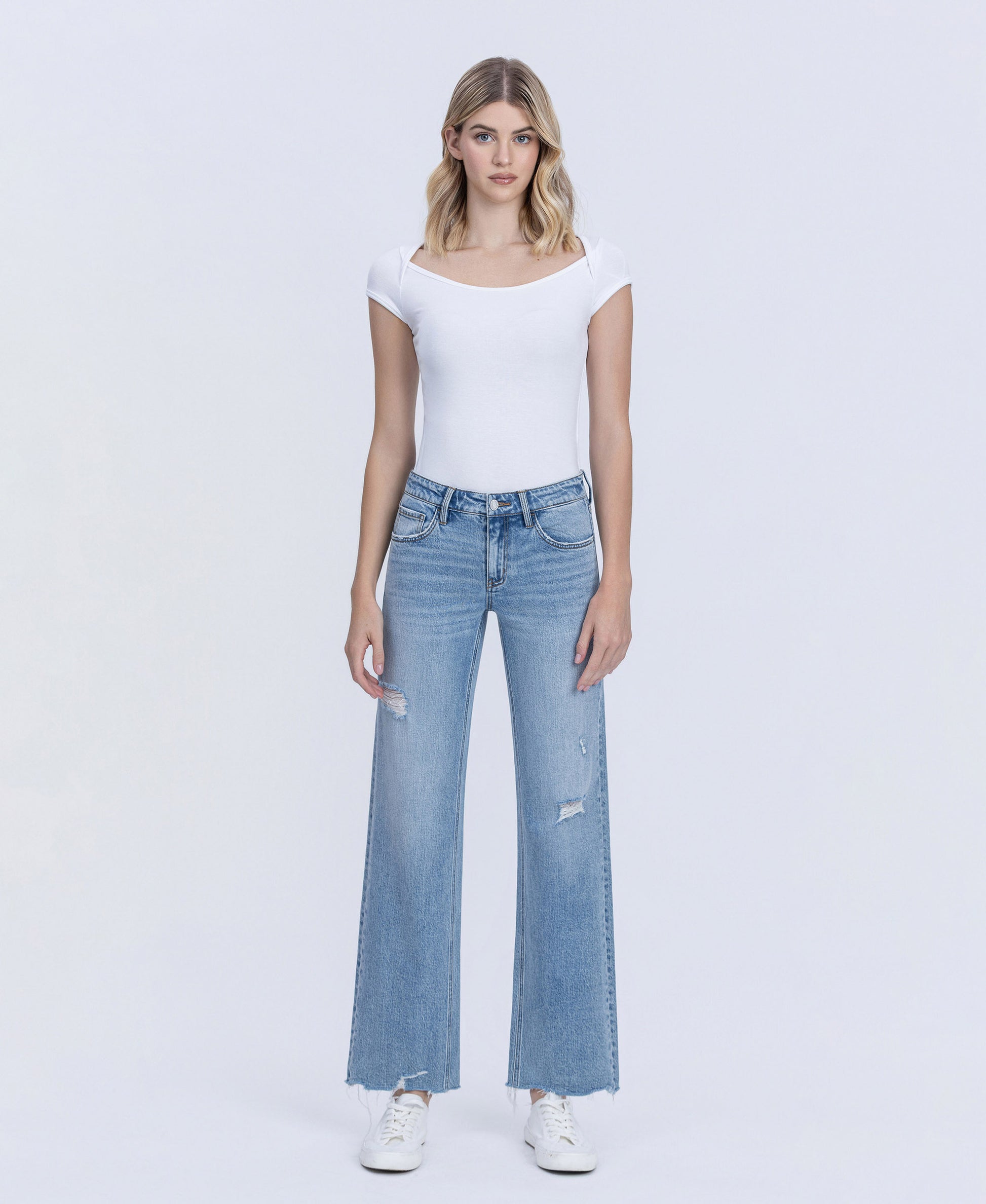 Front product images of Joyous - Low Rise Distressed Slim Wide Leg Jeans