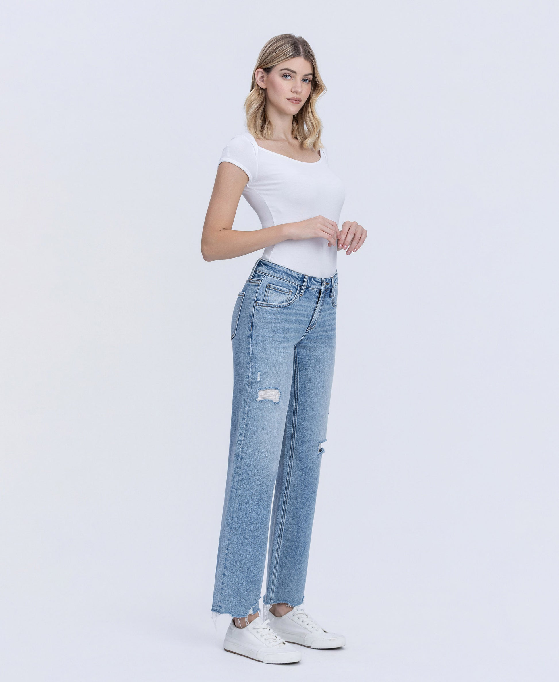 Right 45 degrees product image of Joyous - Low Rise Distressed Slim Wide Leg Jeans