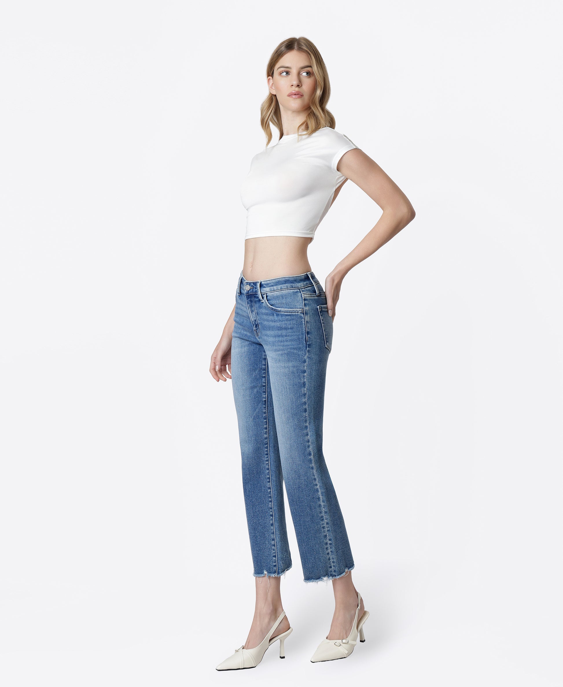 Left 45 degrees product image of Joysome - Mid Rise Distressed Hem Crop Straight Jeans