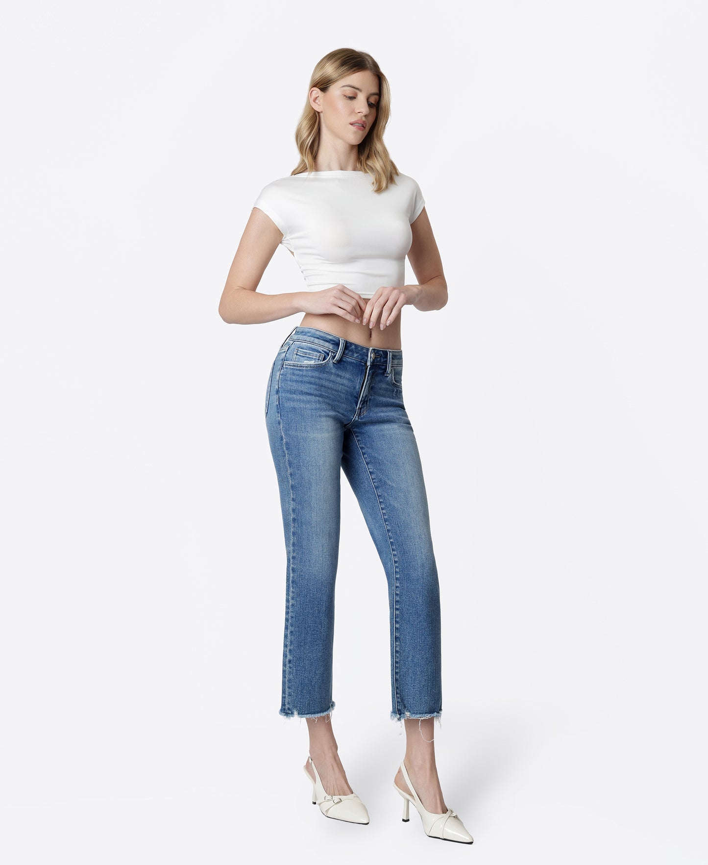 Right 45 degrees product image of Joysome - Mid Rise Distressed Hem Crop Straight Jeans