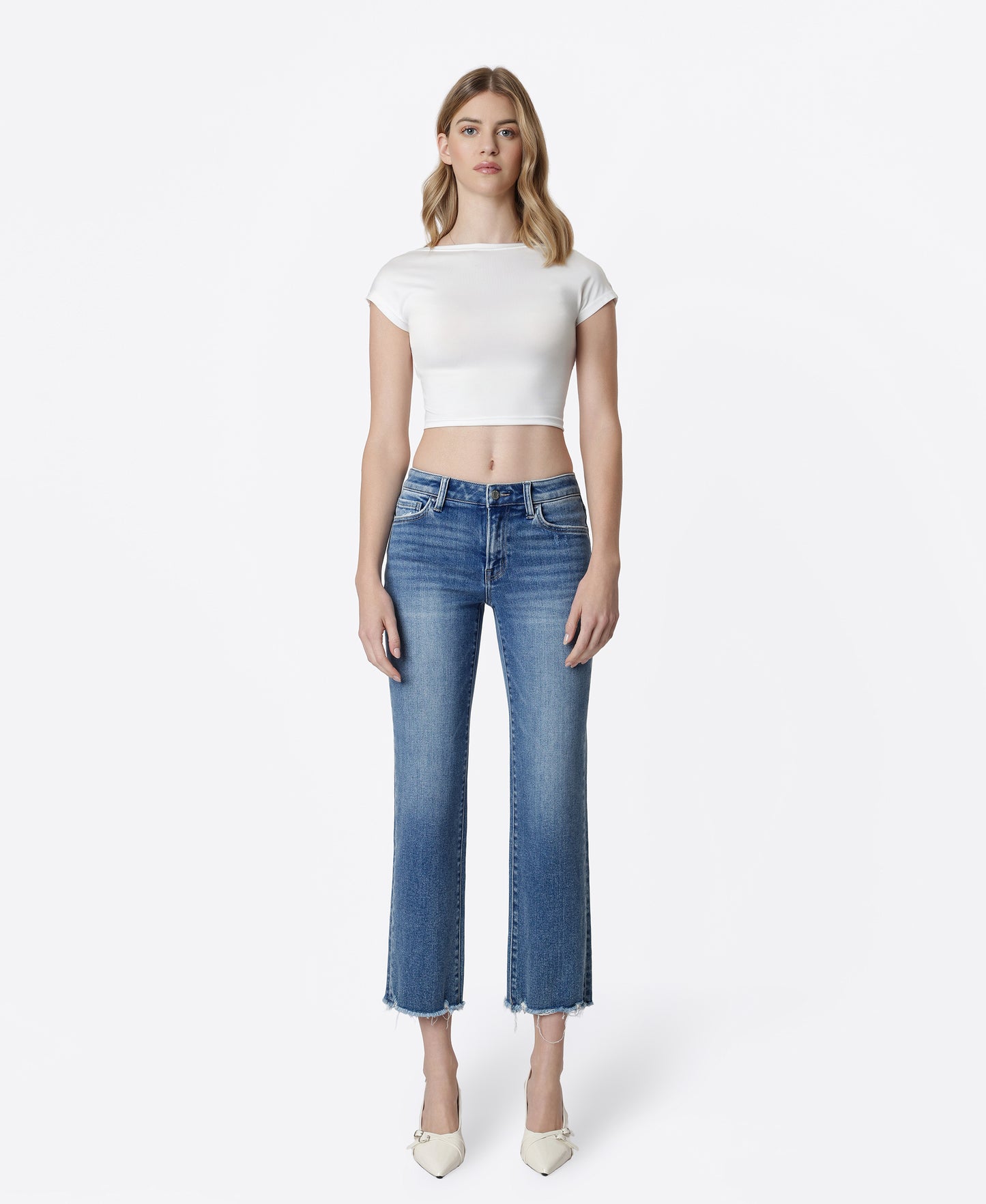 Front product images of Joysome - Mid Rise Distressed Hem Crop Straight Jeans
