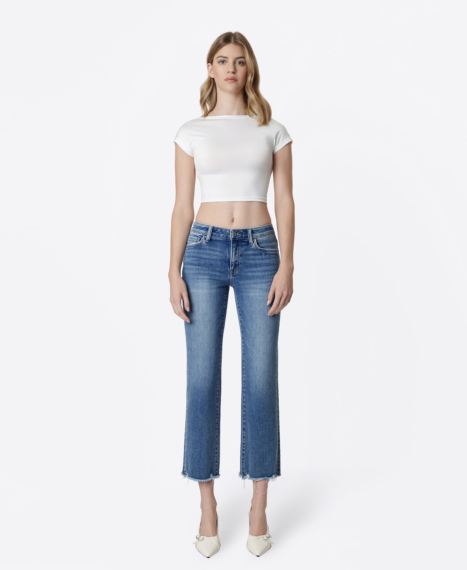 Front product images of Joysome - Mid Rise Distressed Hem Crop Straight Jeans