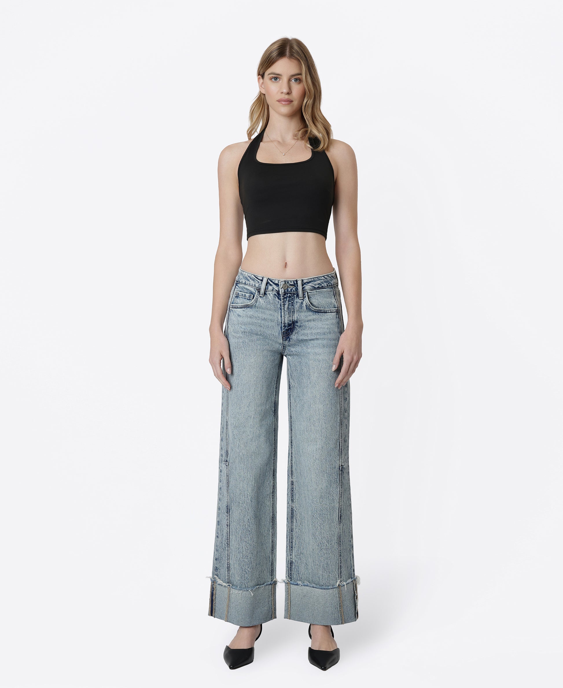 Front product images of Handier - High Rise Full Length Cuffed Wide Leg Tinted Jeans