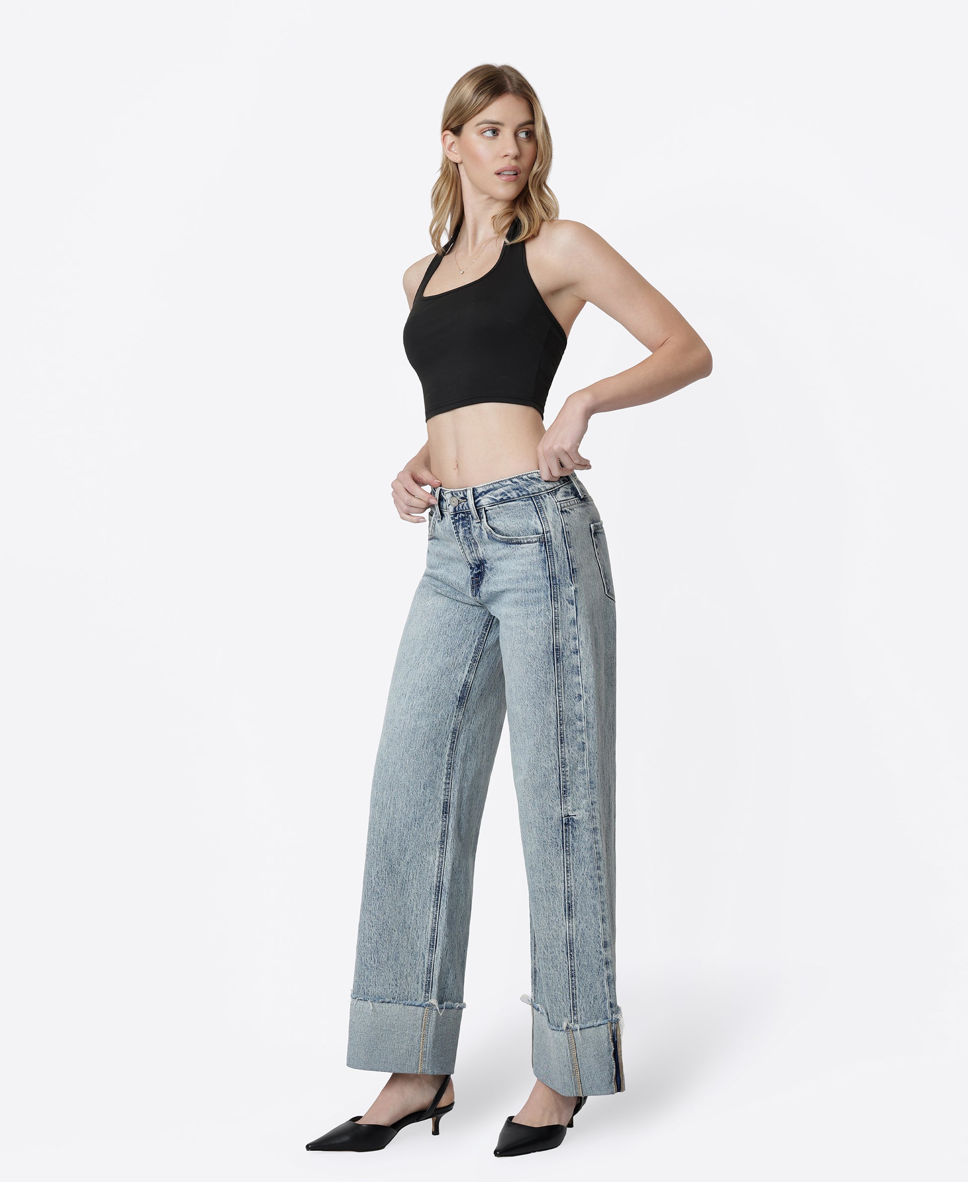 Left 45 degrees product image of Handier - High Rise Full Length Cuffed Wide Leg Tinted Jeans