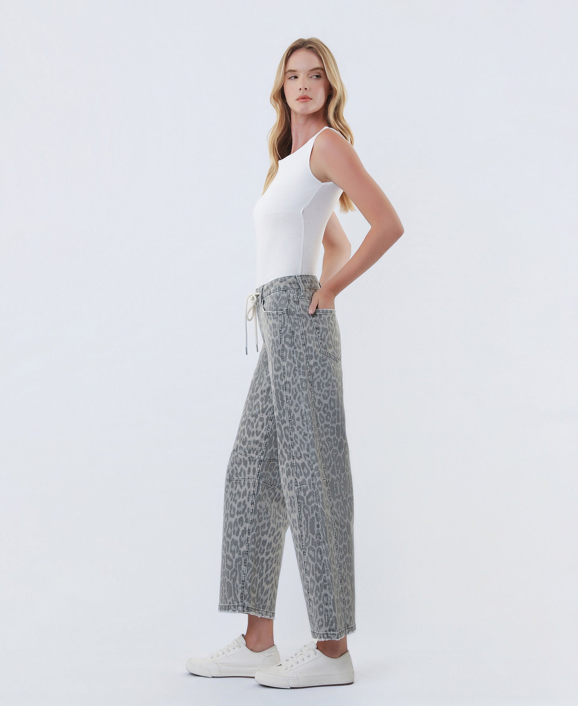 Left side product images of Grey Leopard - High Rise Drawstring Leopard Barrel Jeans