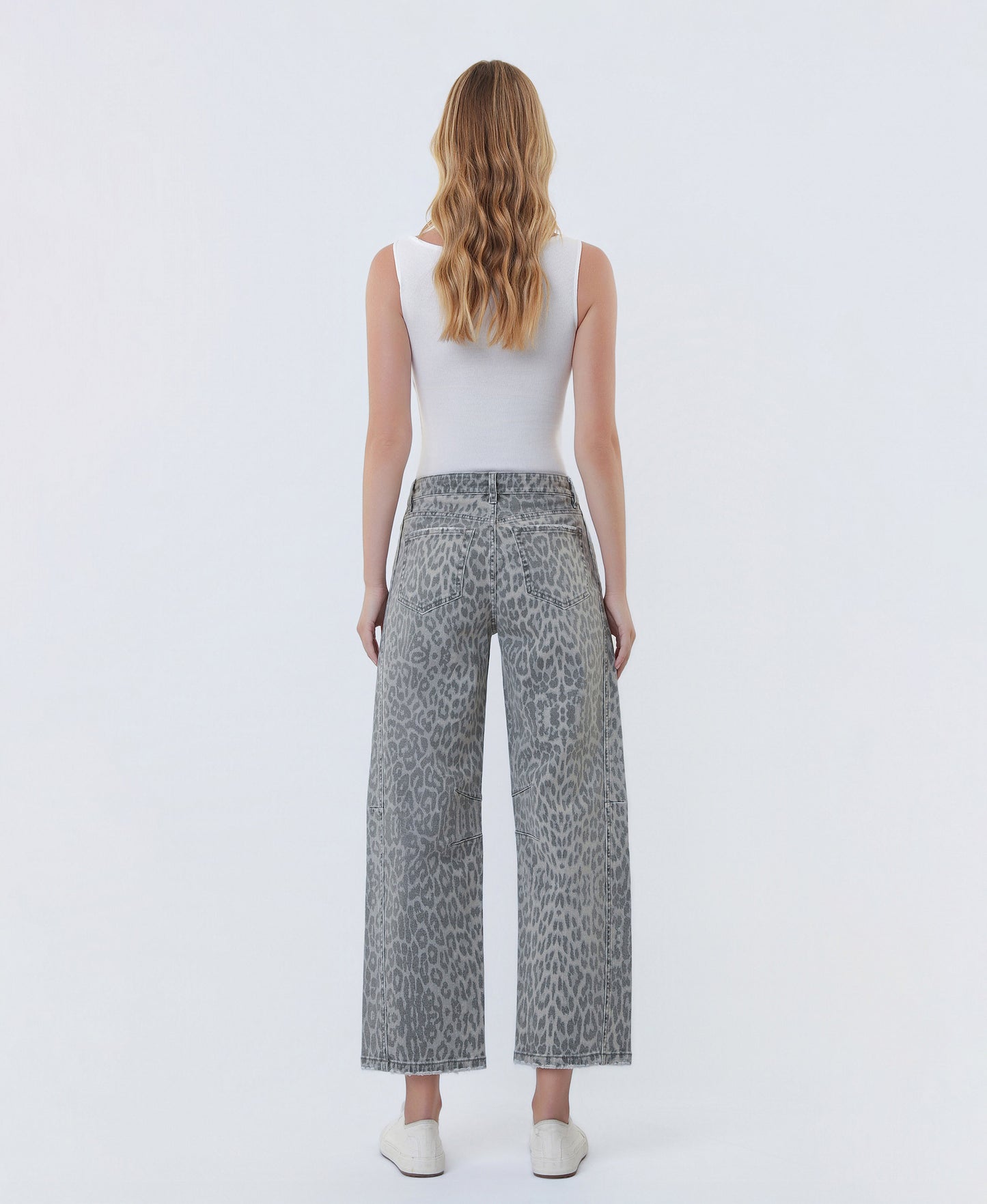 Back product images of Grey Leopard - High Rise Drawstring Leopard Barrel Jeans