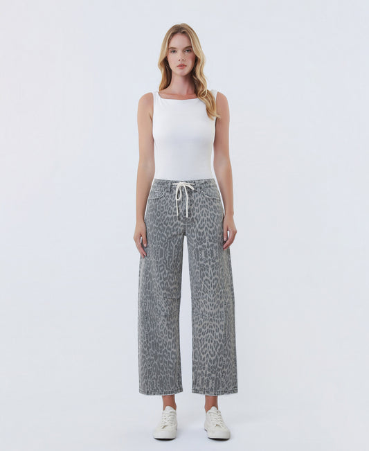 Front product images of Grey Leopard - High Rise Drawstring Leopard Barrel Jeans