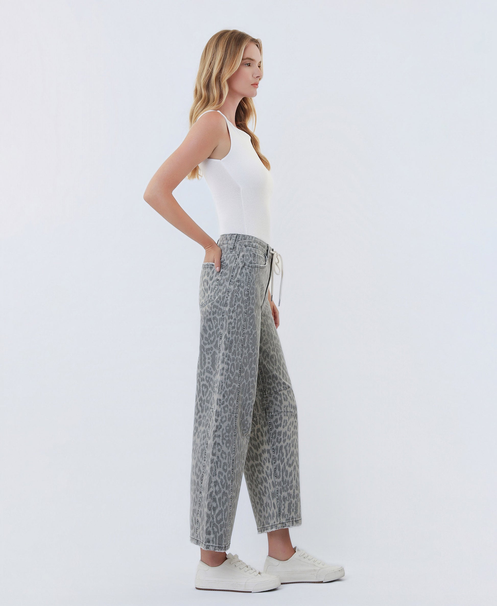 Right side product images of Grey Leopard - High Rise Drawstring Leopard Barrel Jeans