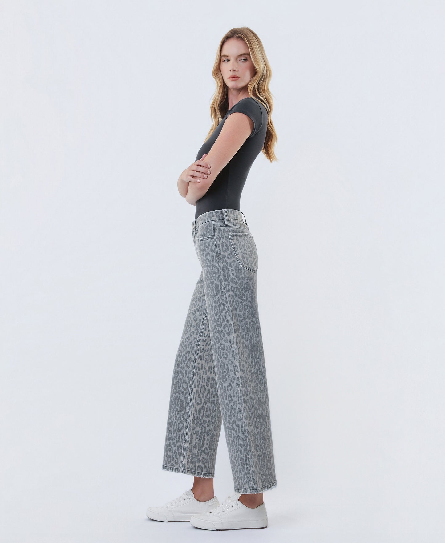 Left side product images of Grey Leopard - High Rise Animal Print Crop Wide Leg Jeans