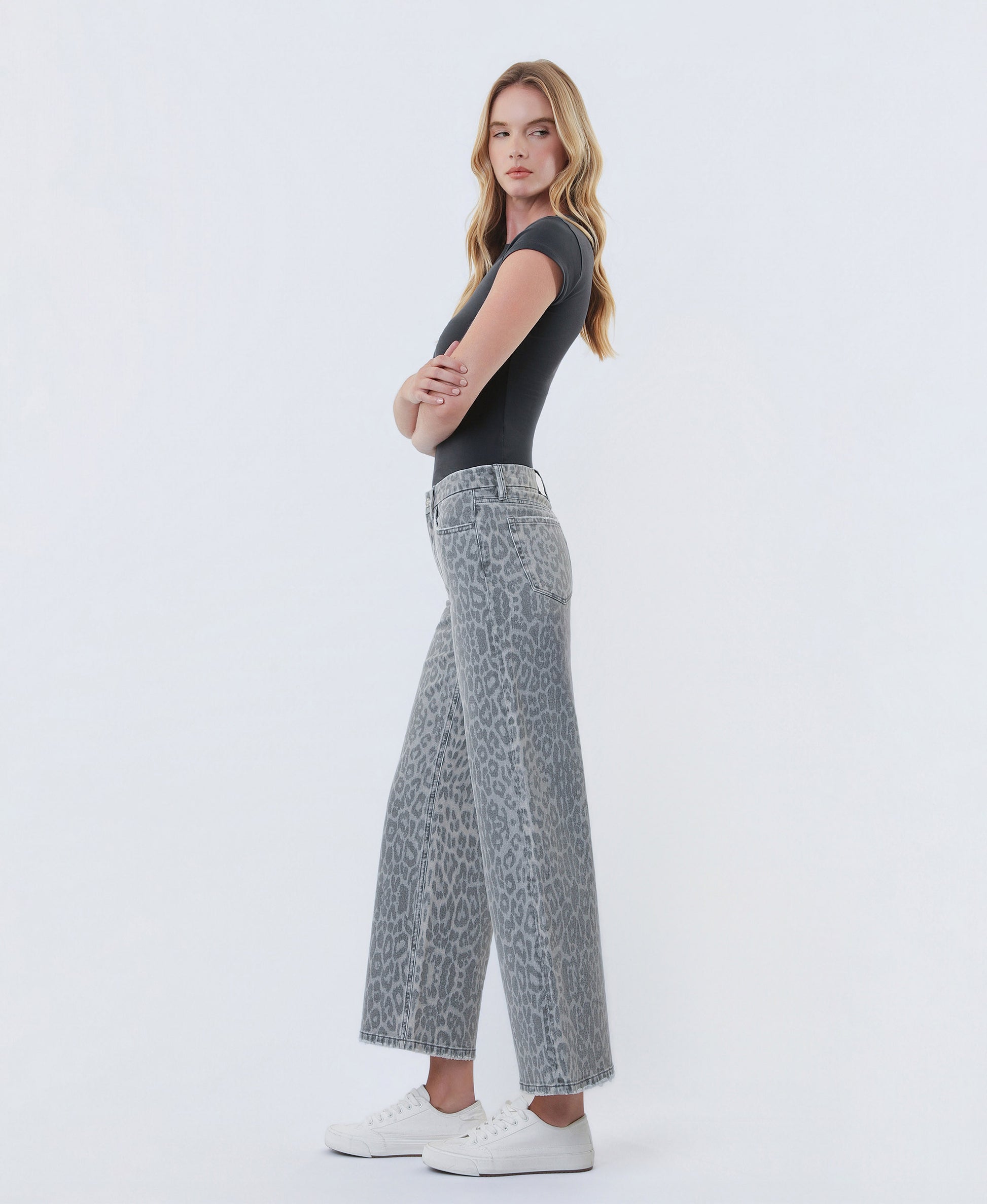 Left side product images of Grey Leopard - High Rise Animal Print Crop Wide Leg Jeans