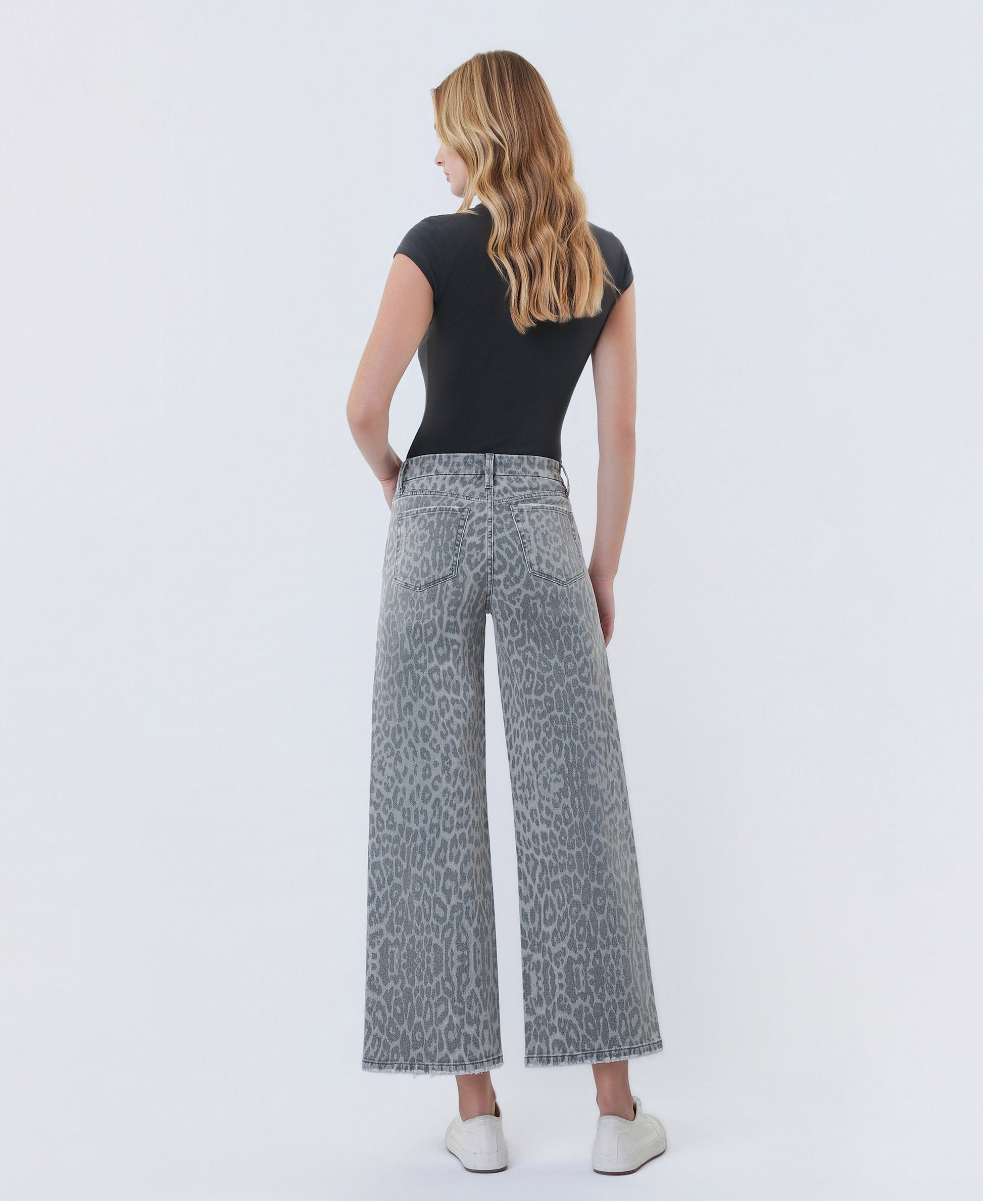 Back product images of Grey Leopard - High Rise Animal Print Crop Wide Leg Jeans