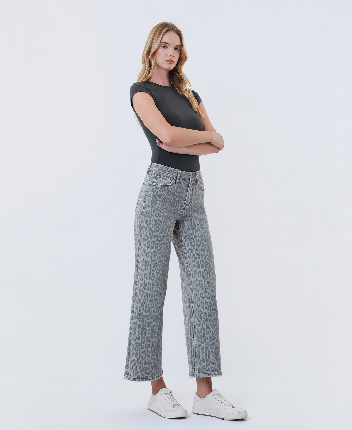 Right 45 degrees product image of Grey Leopard - High Rise Animal Print Crop Wide Leg Jeans