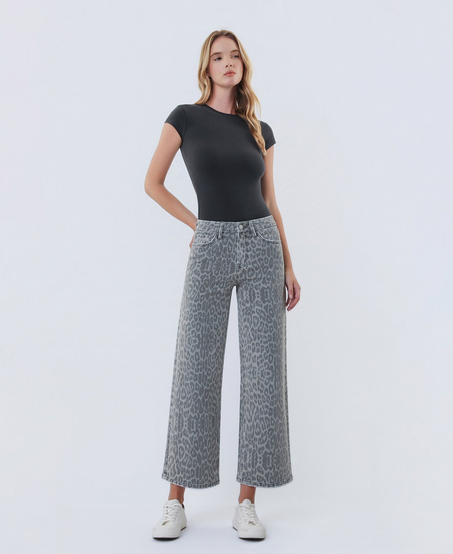 Front product images of Grey Leopard - High Rise Animal Print Crop Wide Leg Jeans