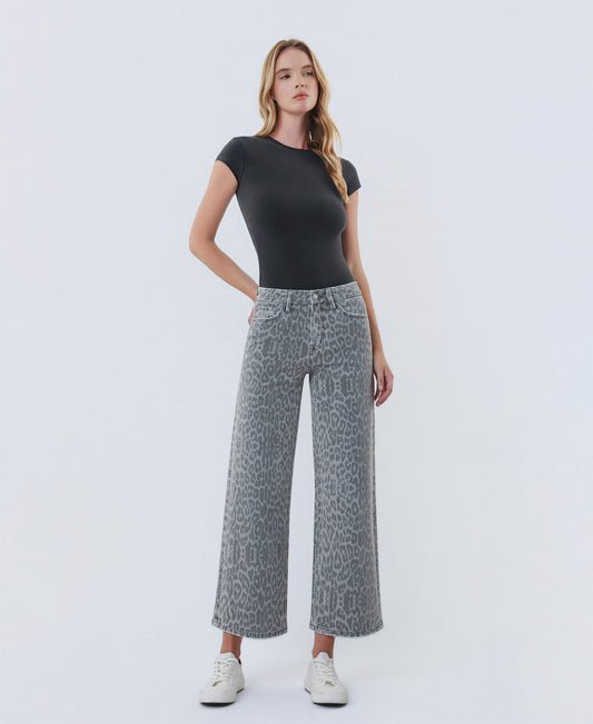 Front product images of Grey Leopard - High Rise Animal Print Crop Wide Leg Jeans