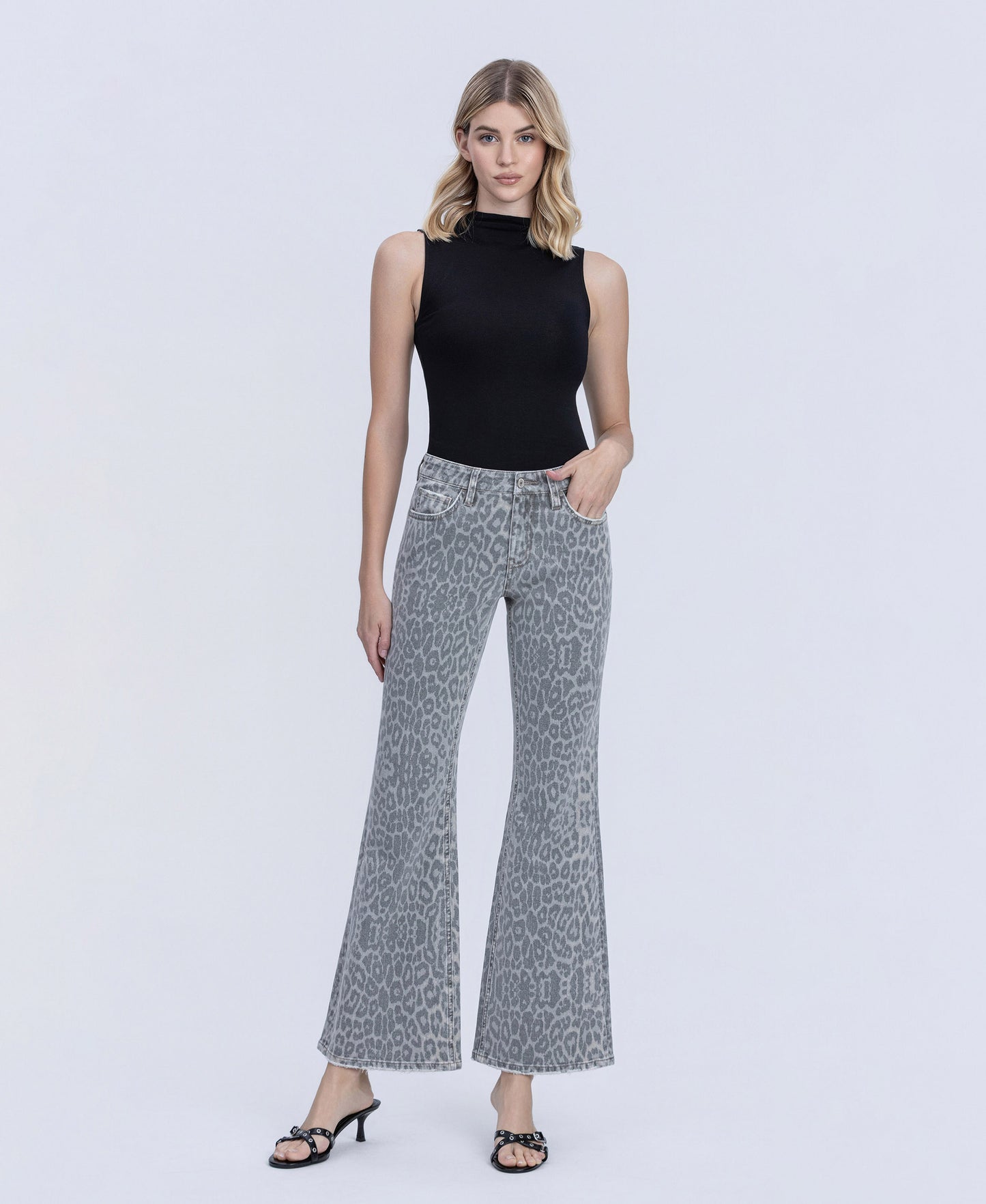 Front product images of Grey Leopard - Mid Rise Full Length Vintage Flare Jeans