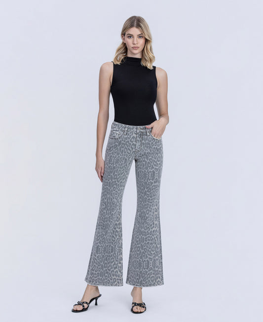 Front product images of Grey Leopard - Mid Rise Full Length Vintage Flare Jeans