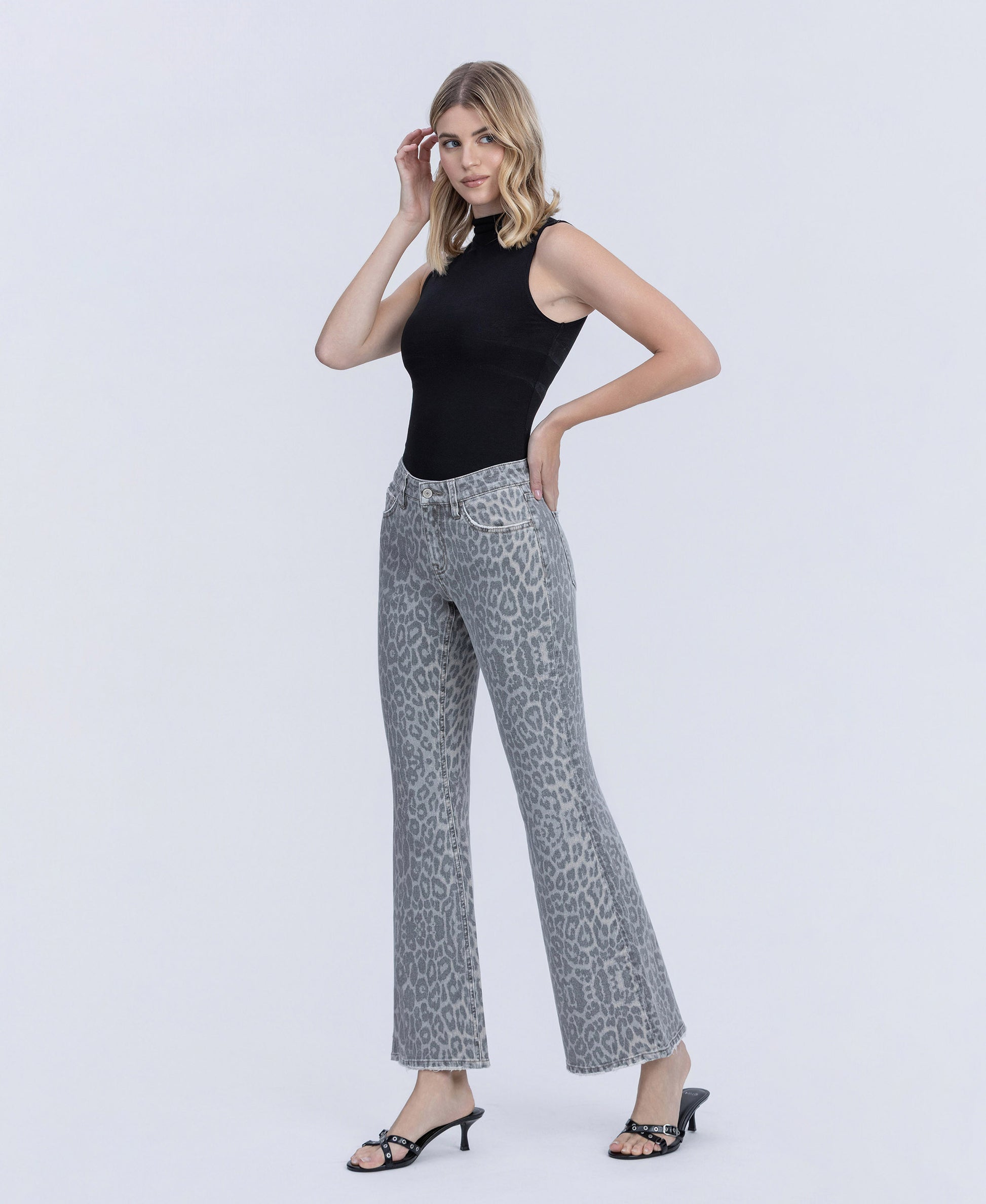 Left 45 degrees product image of Grey Leopard - Mid Rise Full Length Vintage Flare Jeans
