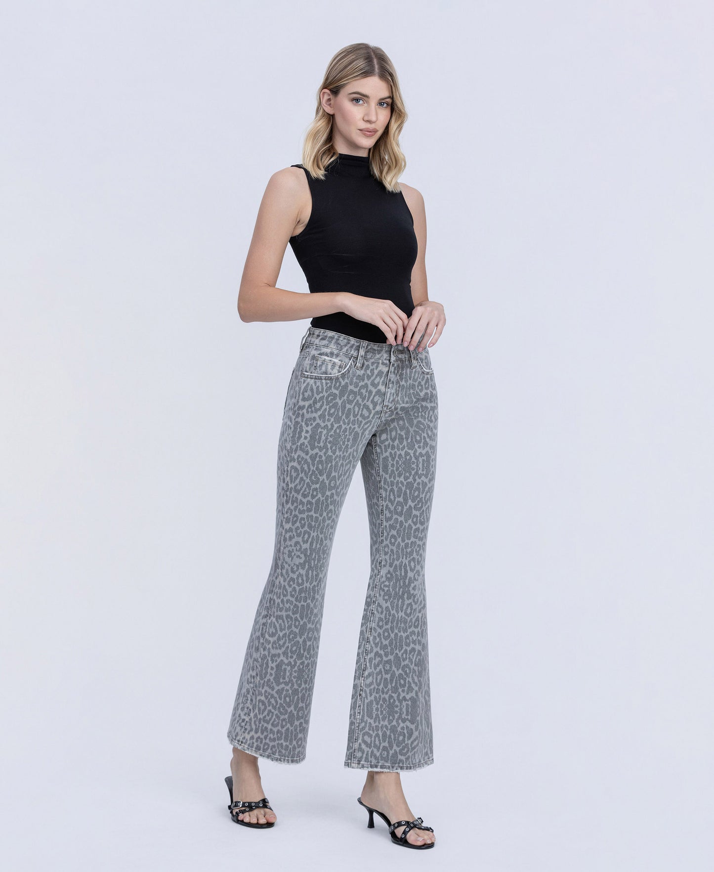 Right 45 degrees product image of Grey Leopard - Mid Rise Full Length Vintage Flare Jeans