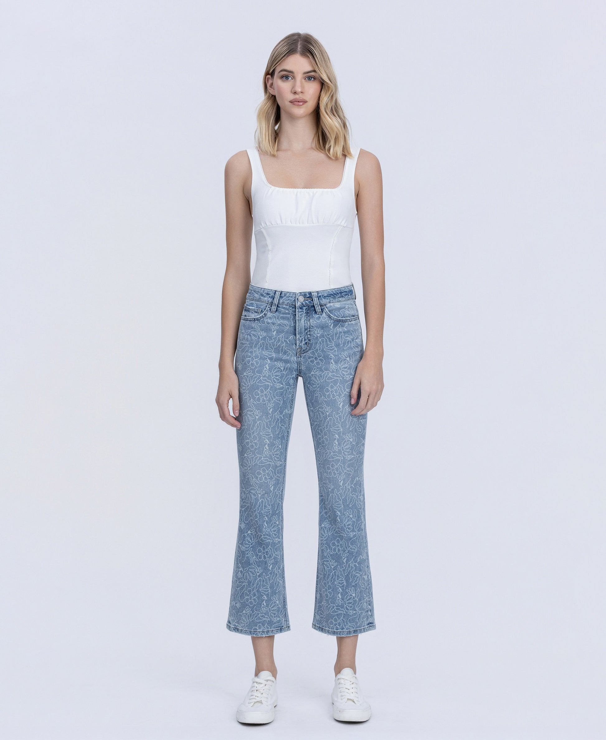 Front product images of Floral Print - High Rise Crop Easy Flare Jeans