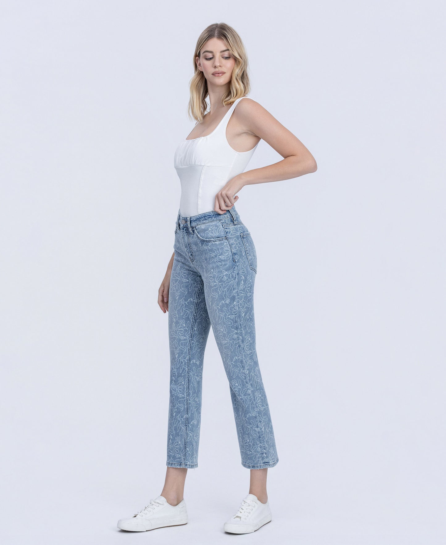 Left 45 degrees product image of Floral Print - High Rise Crop Easy Flare Jeans