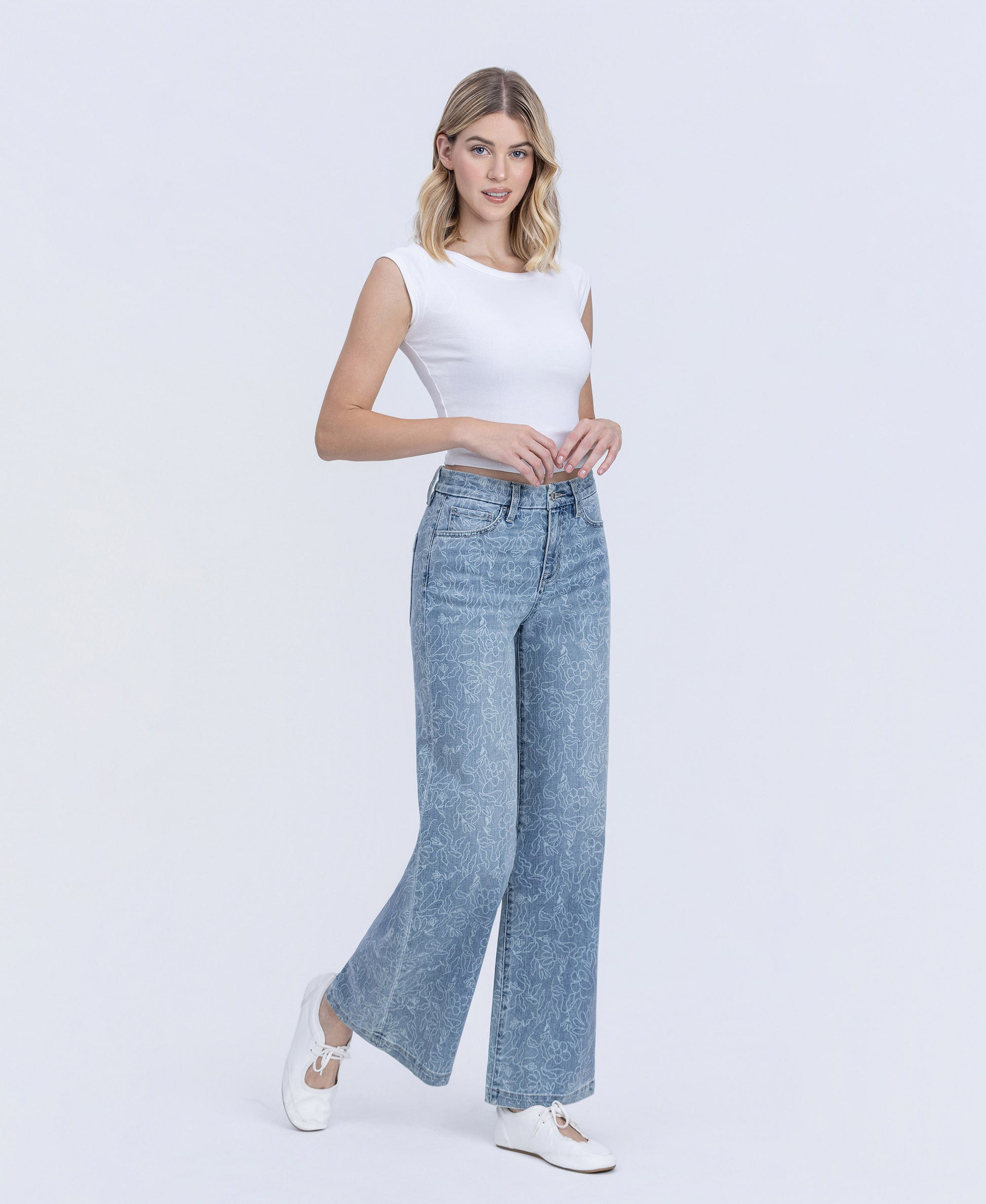 Right 45 degrees product image of Floral - High Rise Floral Print Wide Leg Jeans