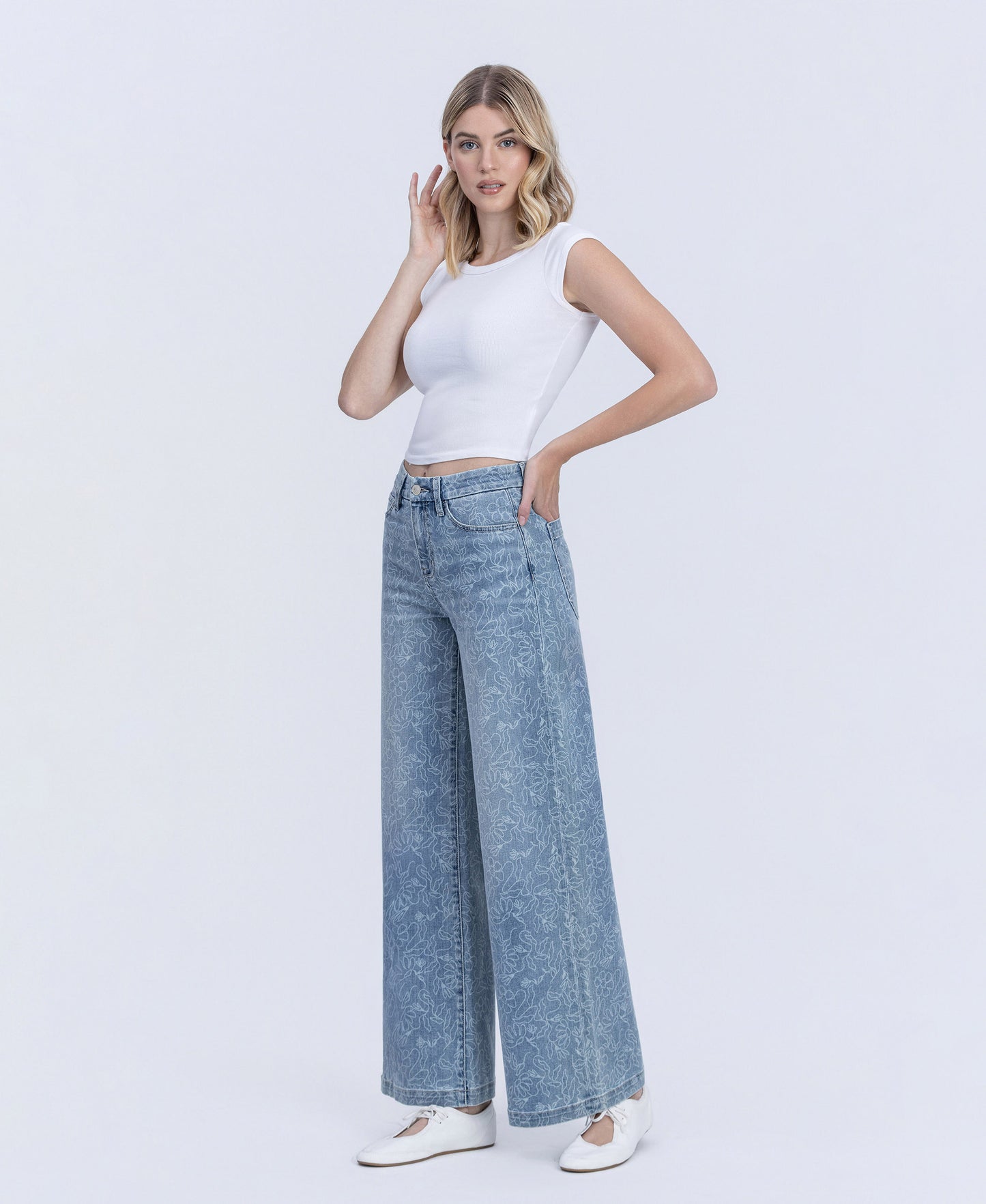 Left 45 degrees product image of Floral - High Rise Floral Print Wide Leg Jeans
