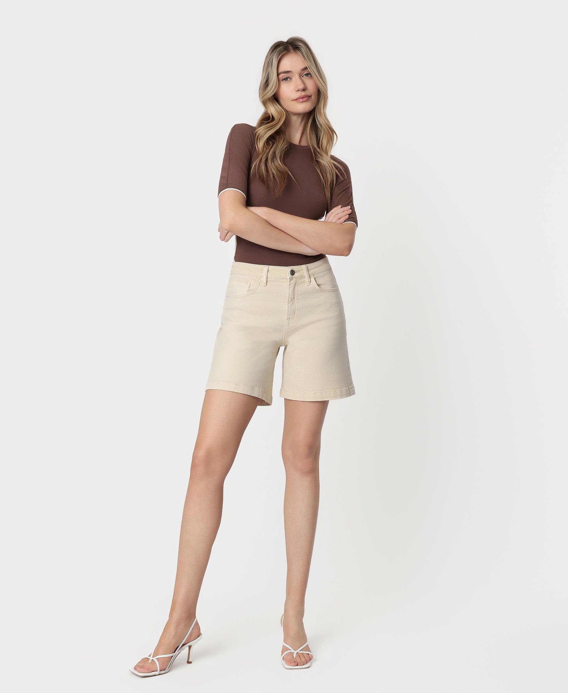 Front product images of Ecru - High Rise Midi Denim Shorts