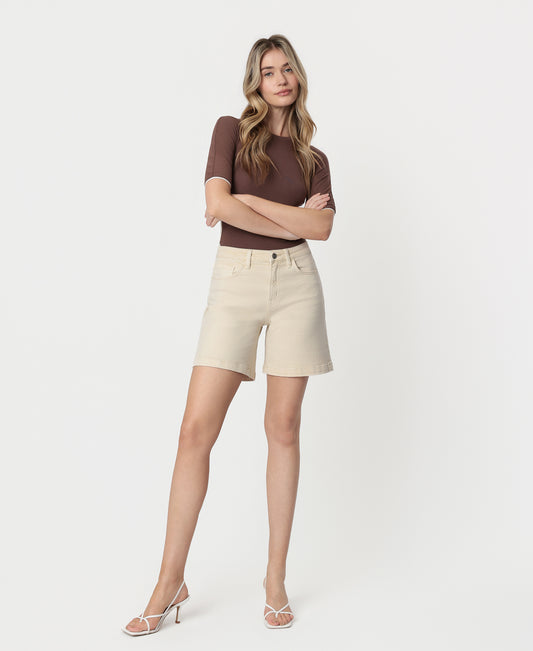 Front product images of Ecru - High Rise Midi Denim Shorts