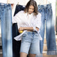 EDITORTIAL IMAGE OF Everlasting - High Rise Raw Hem Denim Jorts