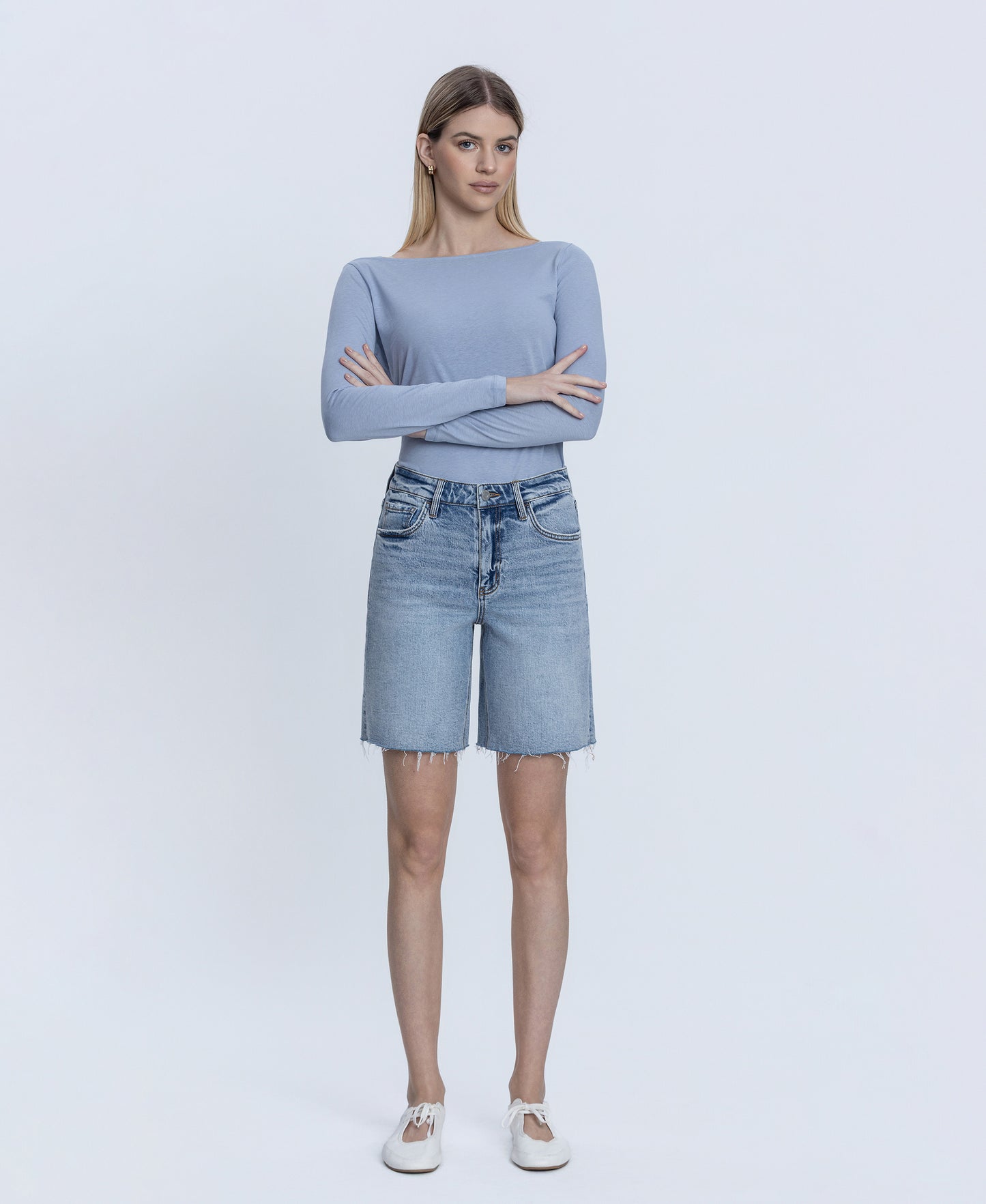 Front product images of Everlasting - High Rise Raw Hem Denim Jorts