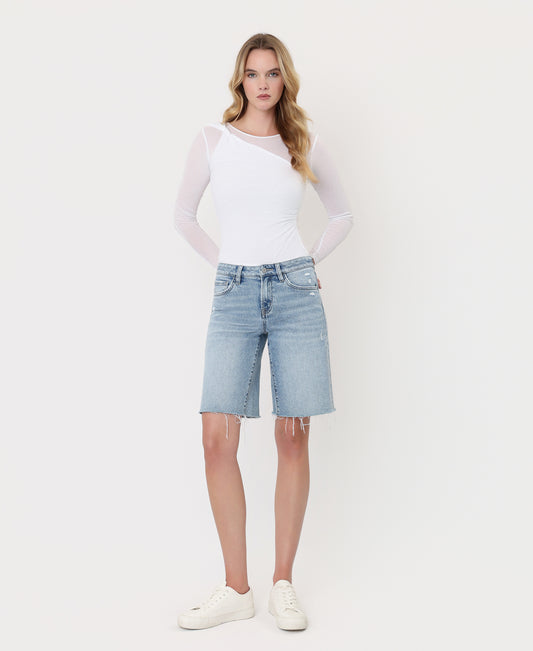 Front product images of Outperform - Mid Rise Raw Hem Denim Jorts