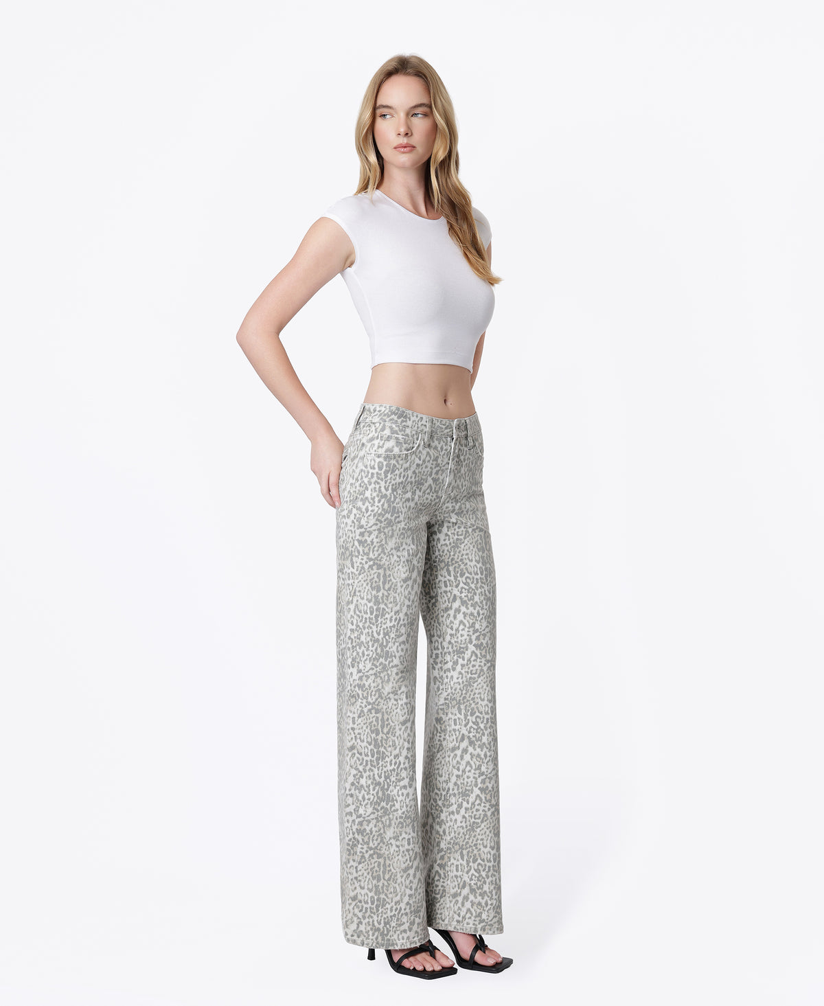 Right 45 degrees product image of Leopard - Low Rise Full Length Wide Leg Jeans