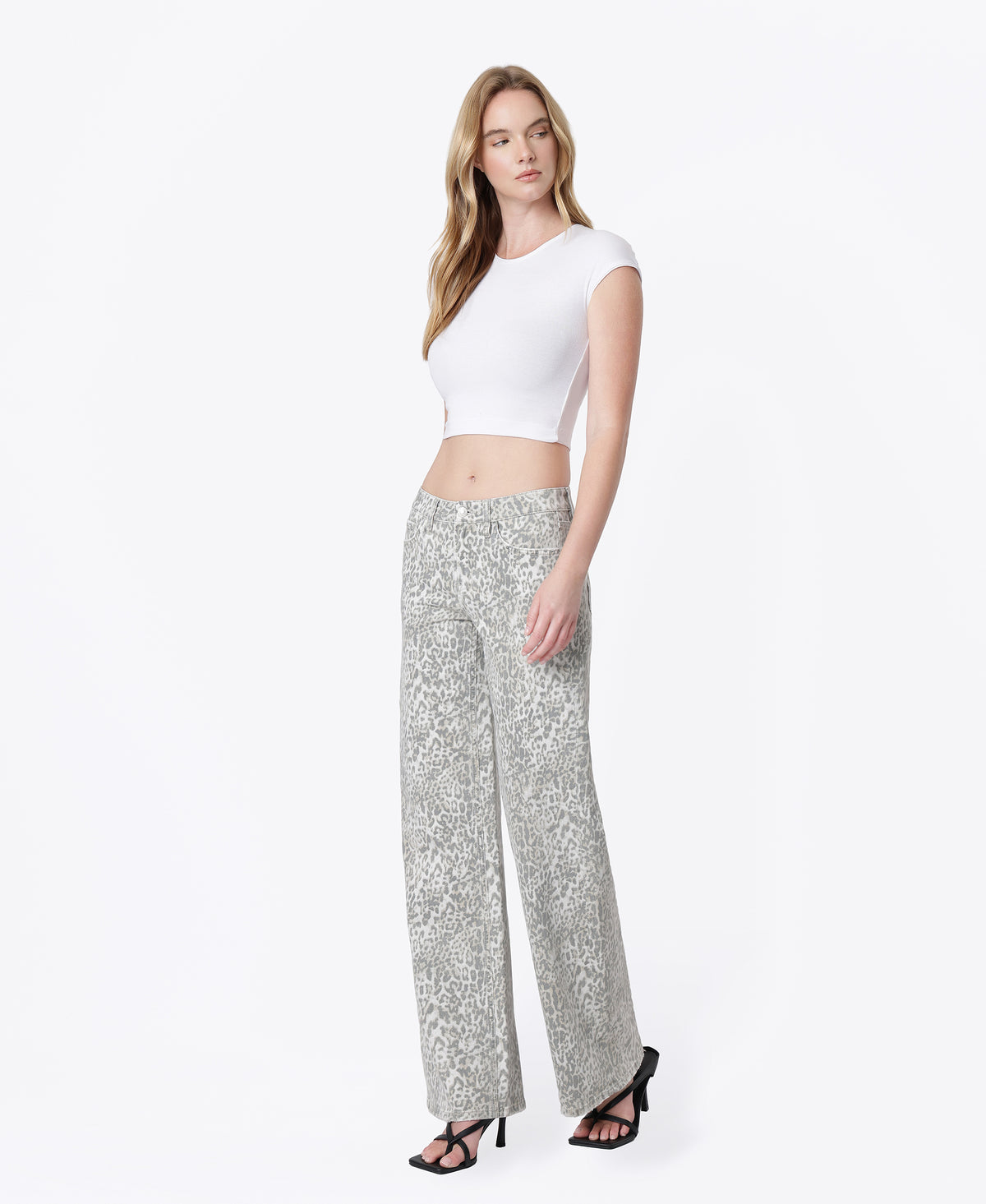 Left 45-degree product image of Leopard - Low Rise Full Length Wide Leg Jeans
