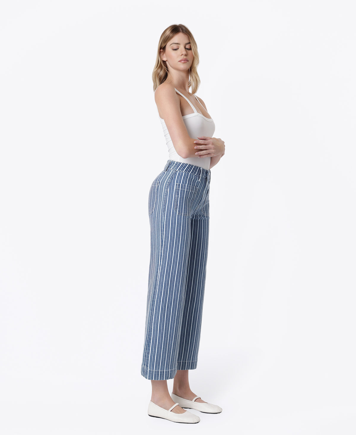 Right 45 degrees product image of Stripe - High Rise Patch Pocket Striped Crop Wide Leg Jeans