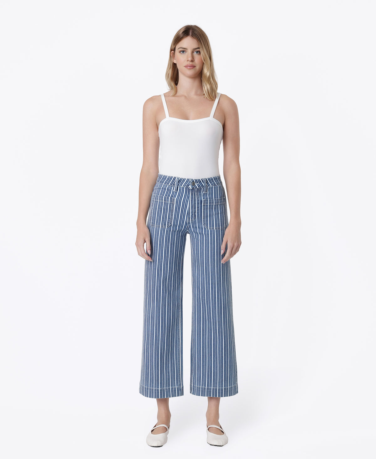 Front product images of Stripe - High Rise Patch Pocket Striped Crop Wide Leg Jeans