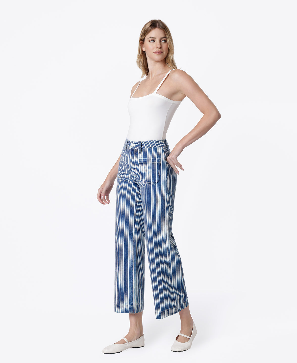 Left 45-degree product image of Stripe - High Rise Patch Pocket Striped Crop Wide Leg Jeans