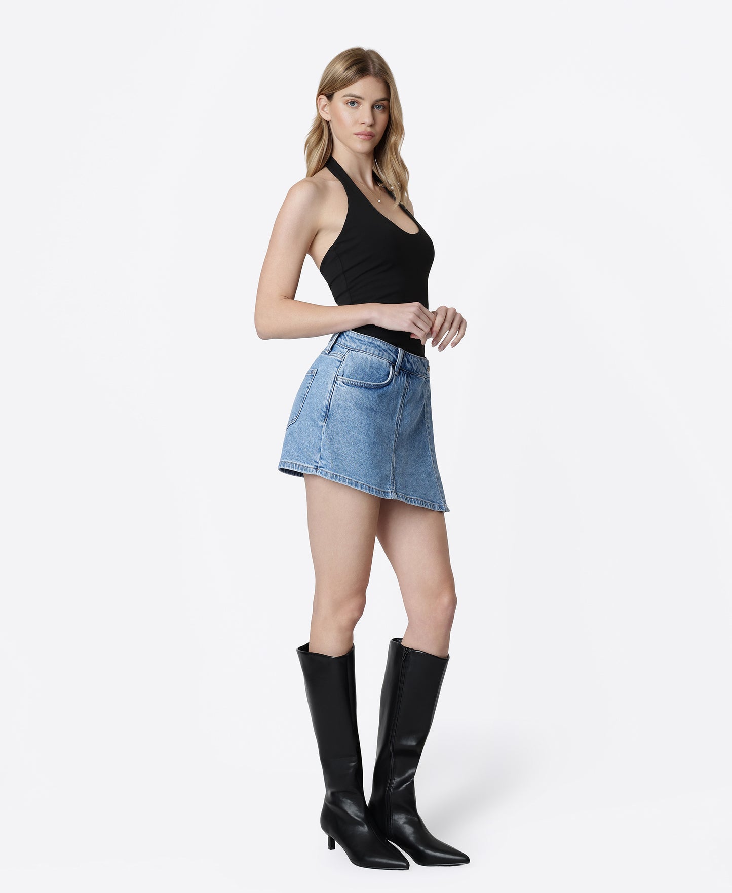 Right 45 degrees product image of Lavishly - High Rise Denim Wrap Skorts