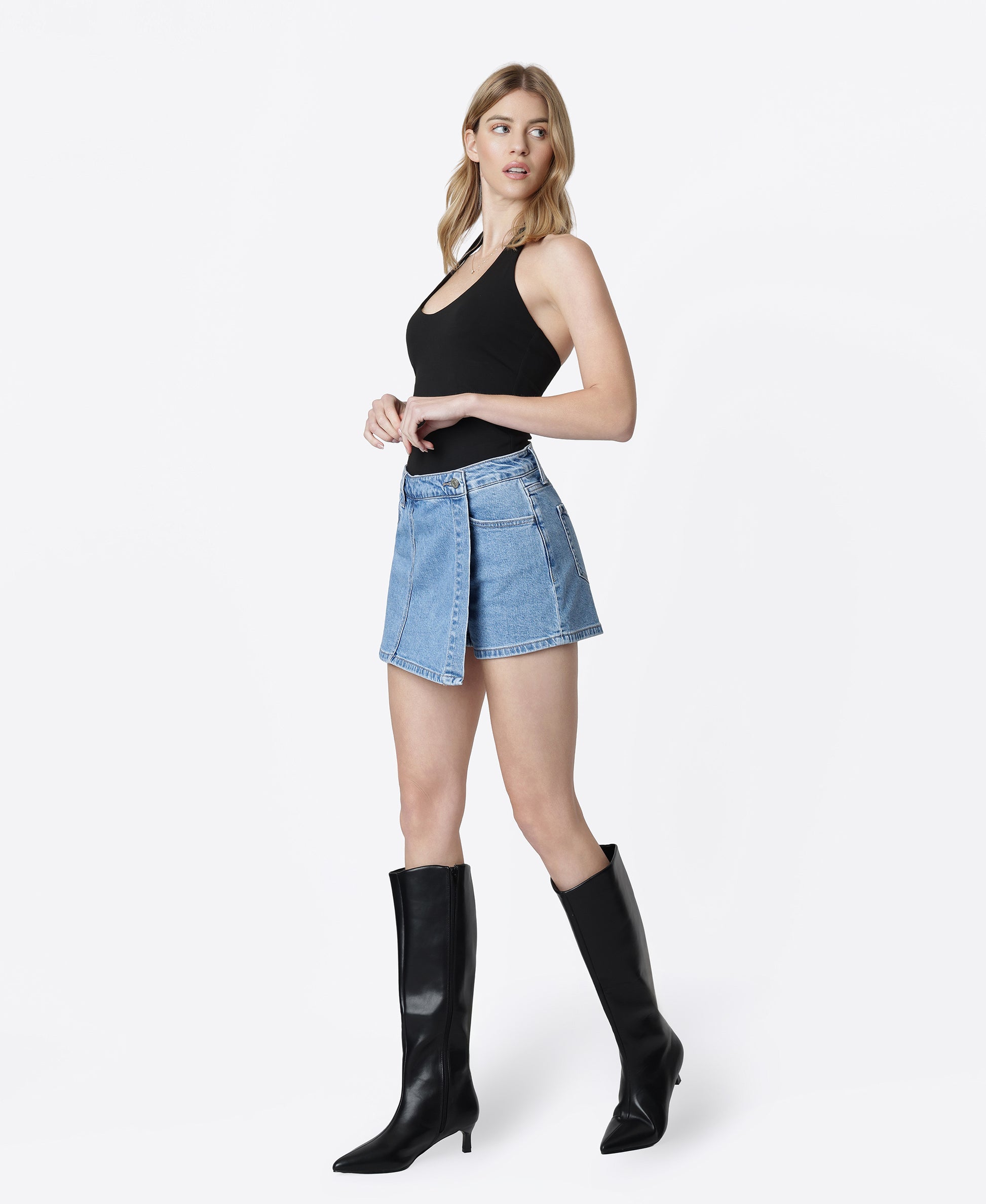 Left 45 degrees product image of Lavishly - High Rise Denim Wrap Skorts