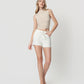 Front product images of Optic White - Super High Rise Raw Step Hem Drawstring Denim Mom Shorts