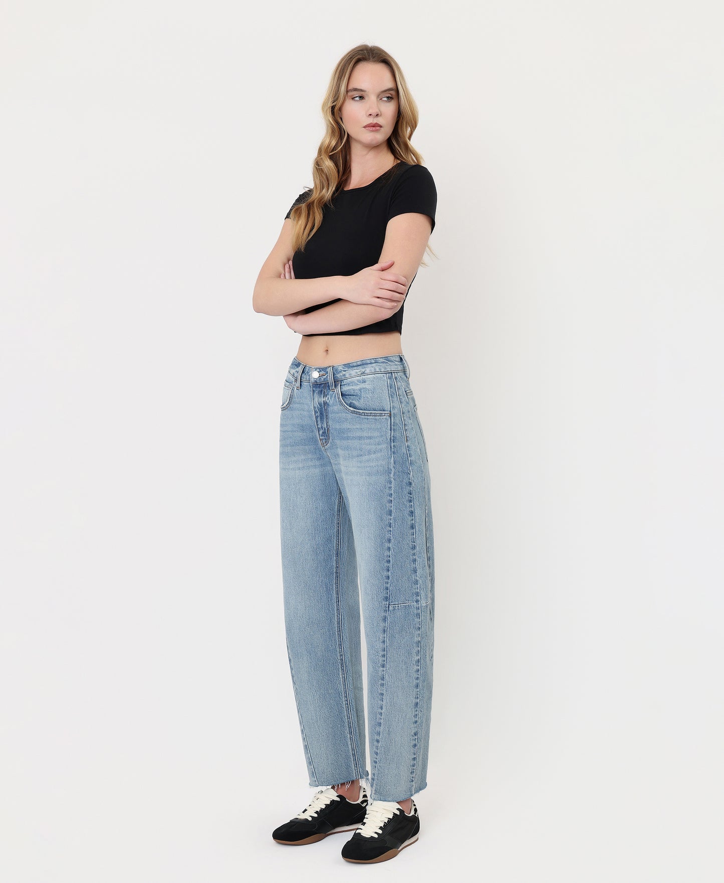 Left 45 degrees product image of Loftiness - High Rise Raw Hem Paneled Seams Barrel Jeans