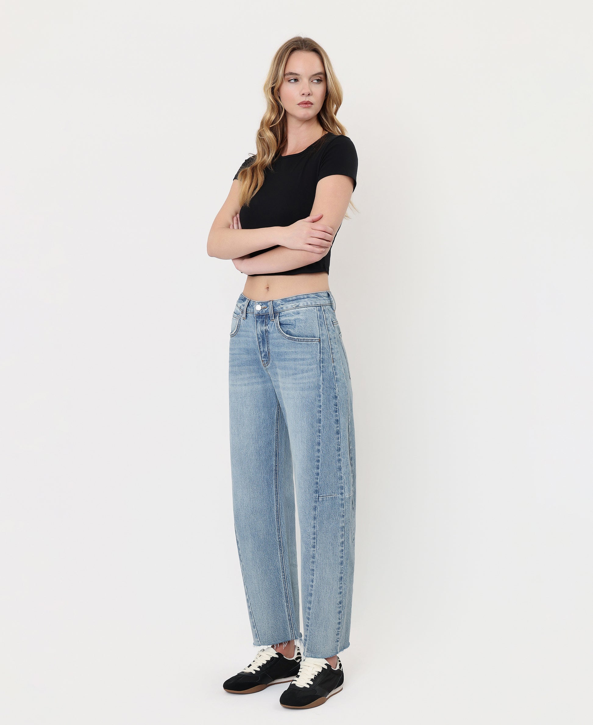 Left 45 degrees product image of Loftiness - High Rise Raw Hem Paneled Seams Barrel Jeans