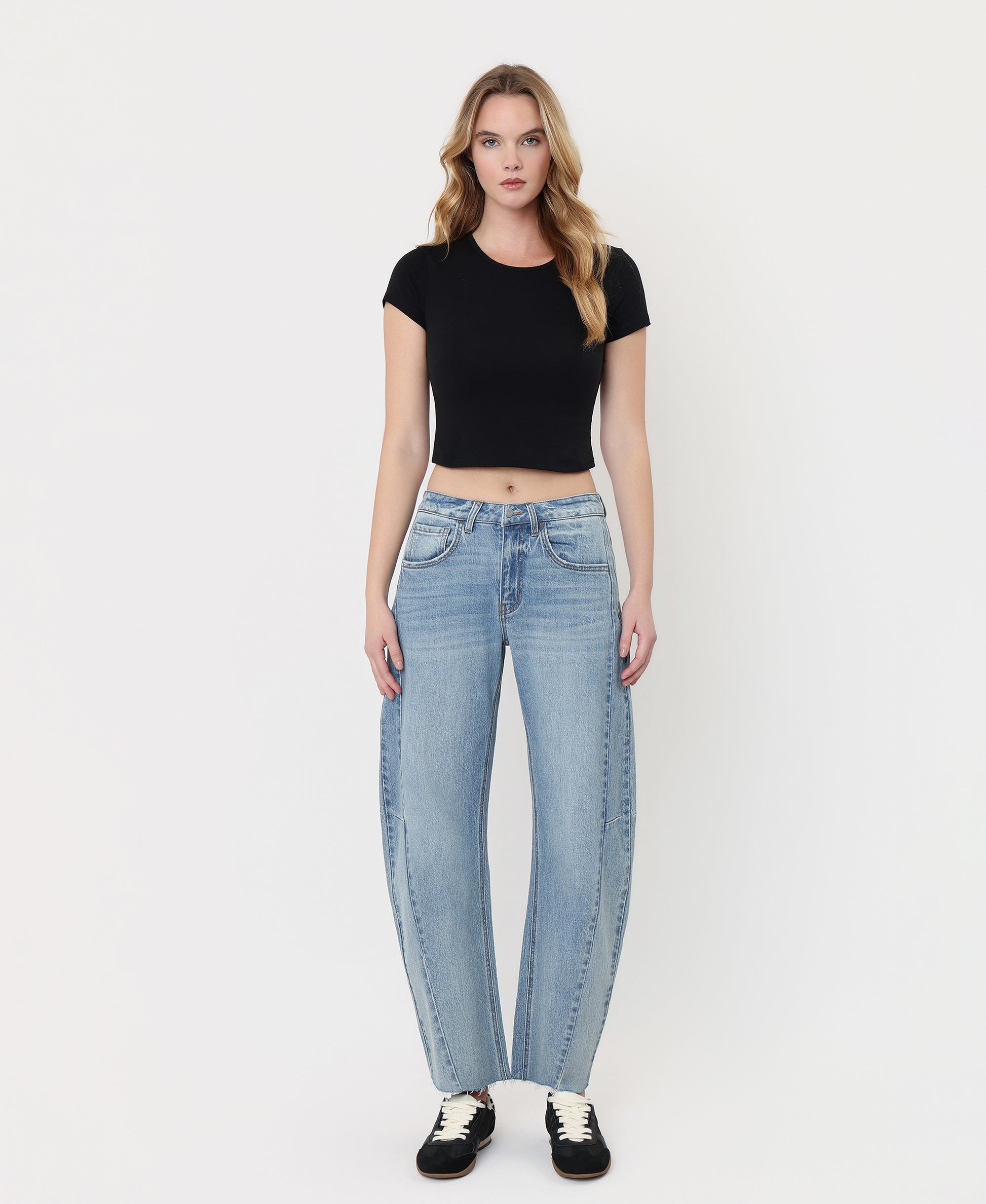 Front product images of Loftiness - High Rise Raw Hem Paneled Seams Barrel Jeans