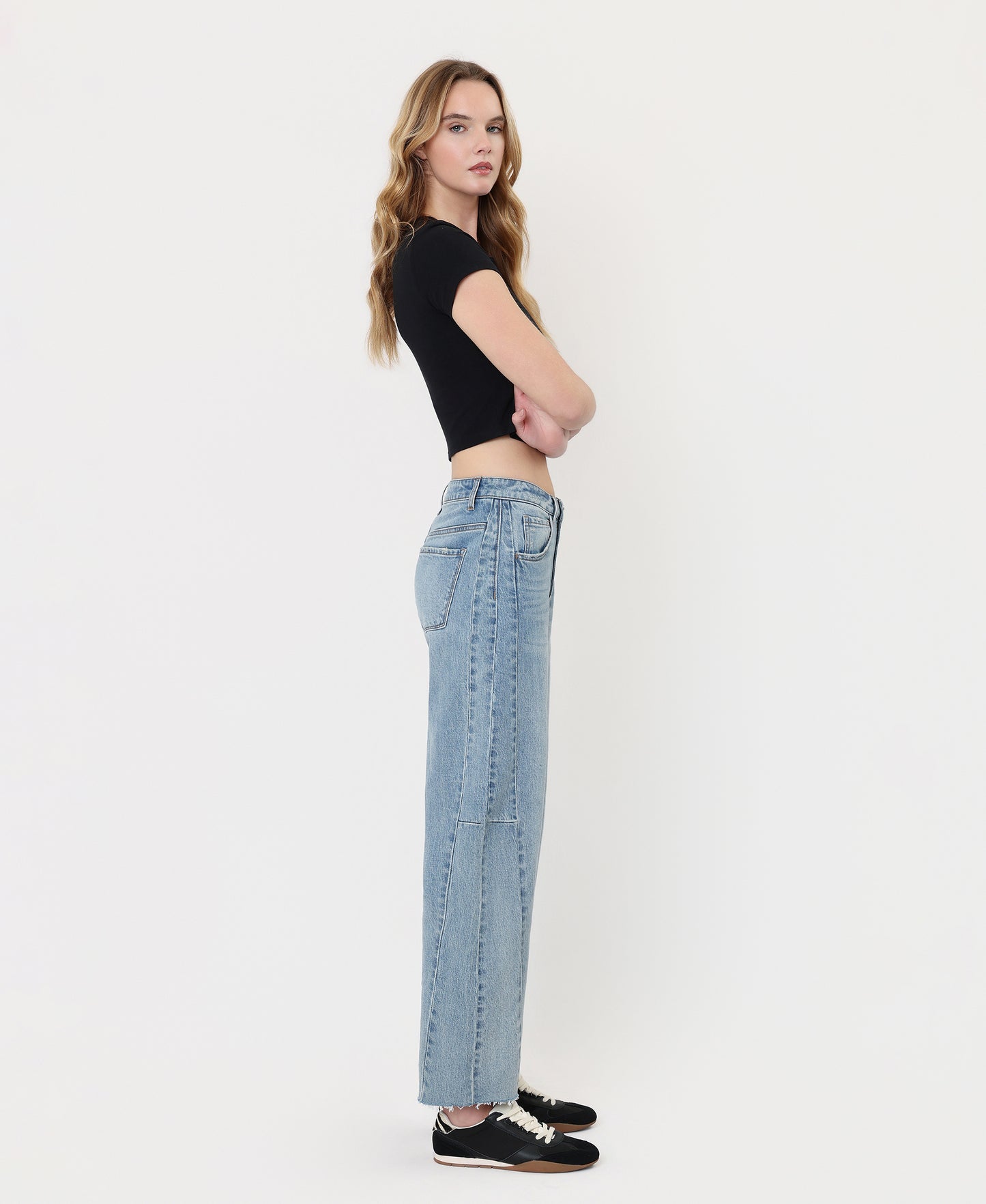 Right side product images of Loftiness - High Rise Raw Hem Paneled Seams Barrel Jeans